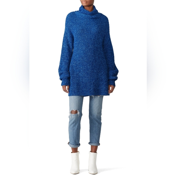 Free People Eleven Chunky Knit Blue Long Tunic Sweater Turtleneck Size XS Winter - Picture 2 of 11